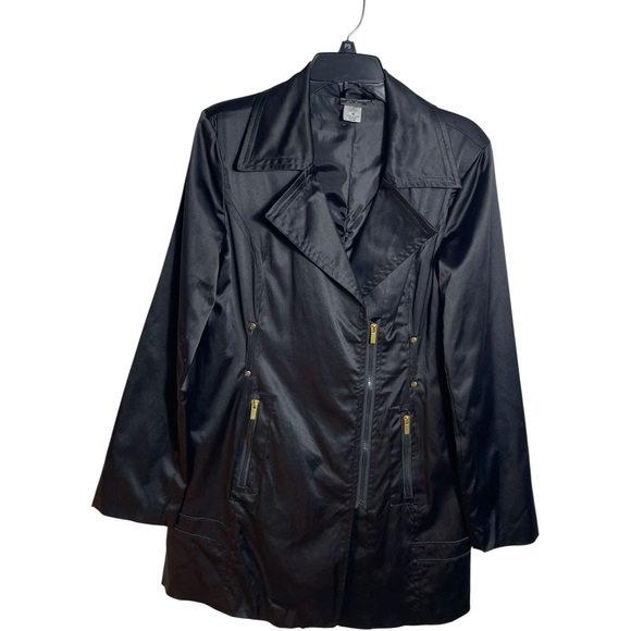 Dots Black Motto TrenchCoat with Gold Accents. Zippers And Buttons on SatinY2K - Picture 1 of 9